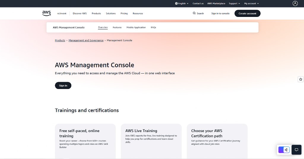 AWS Management Console sign in page.