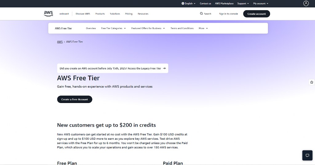 AWS free tier webpage.