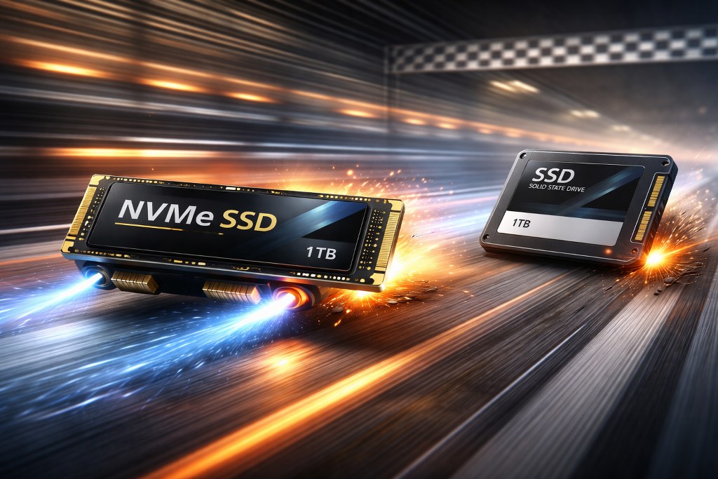 An NVMe SSD racing ahead of a SATA SSD on a futuristic track