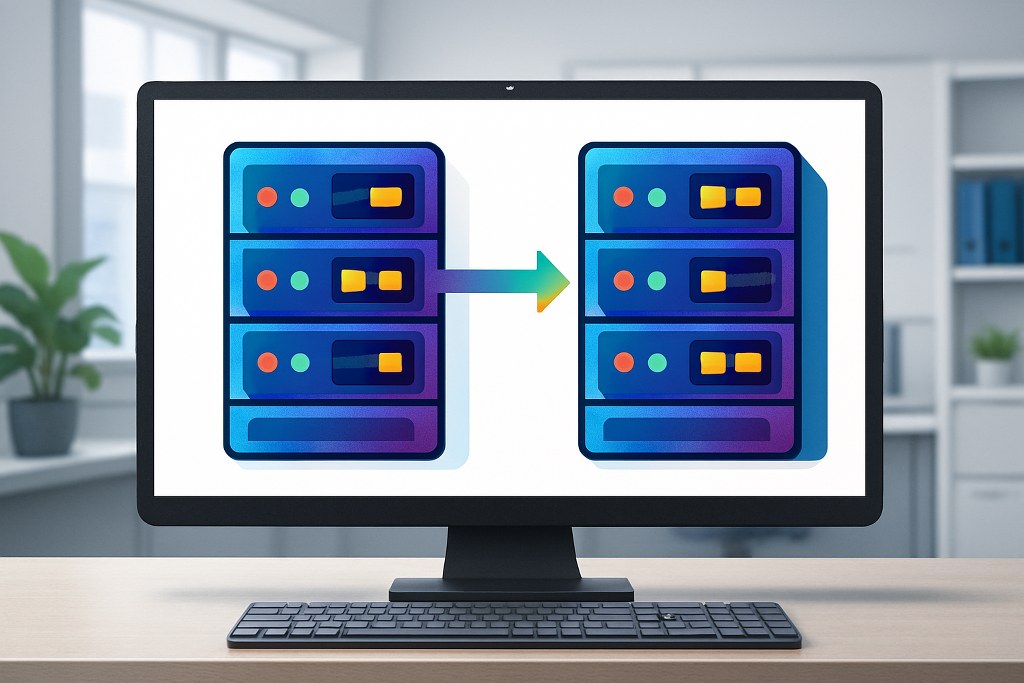 An arrow with two servers showing data backup on a computer screen.