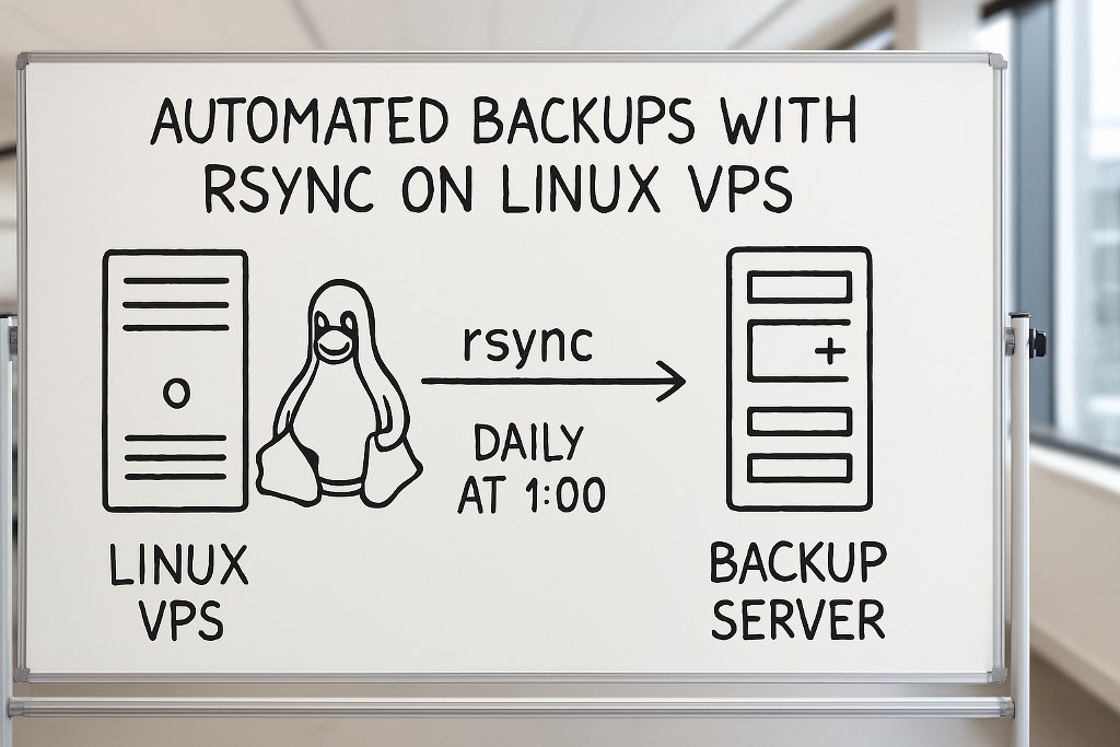 An illustration of automated backups with Rsync on a whiteboard.