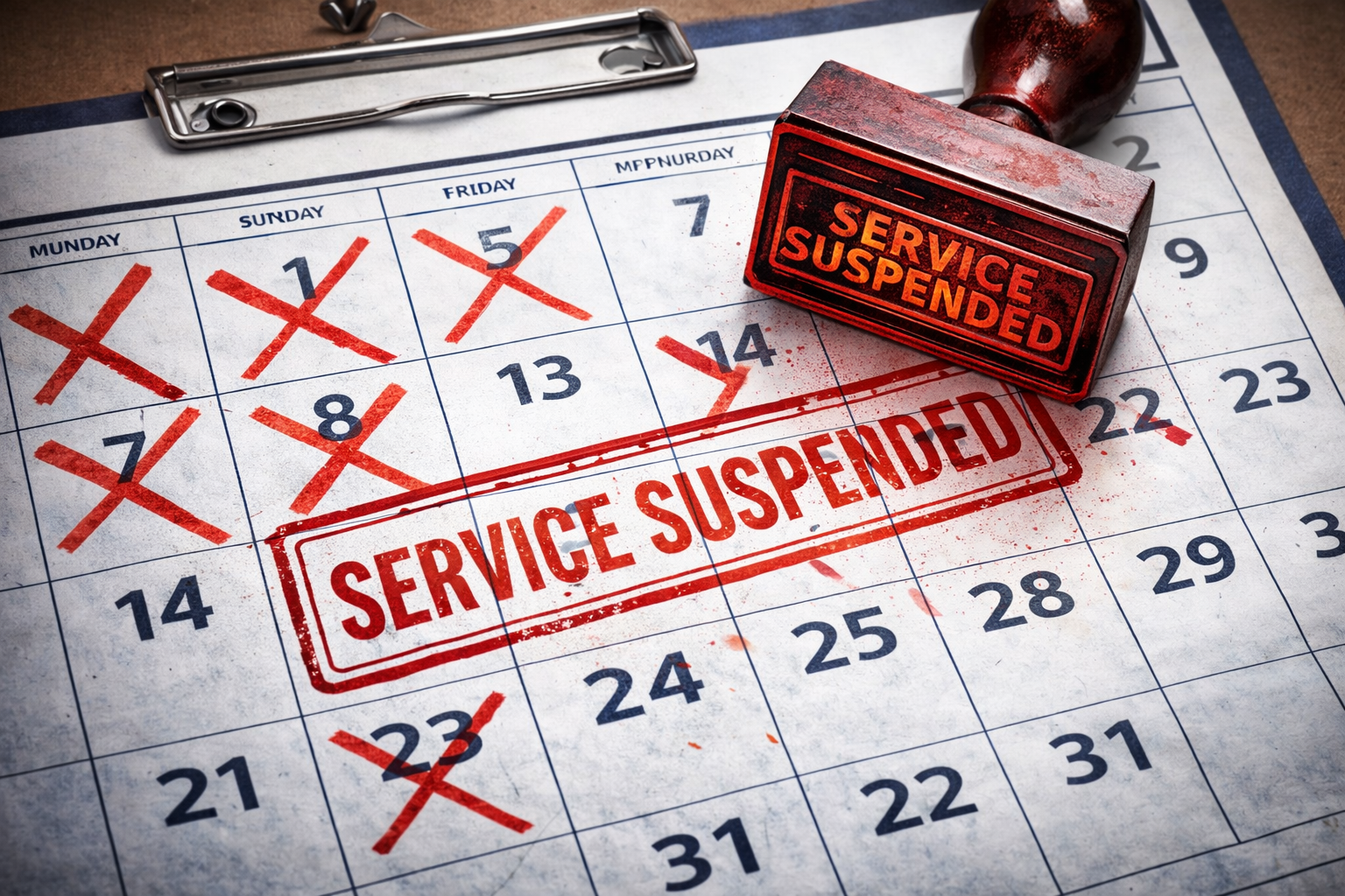 Calendar marked with red Xs and service suspended stamp