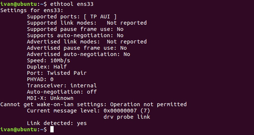 Checking link speed and duplex settings for interface ens33 using ethtool.