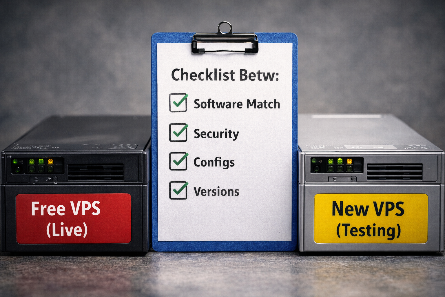 Checklist comparing free VPS live server vs new VPS testing server