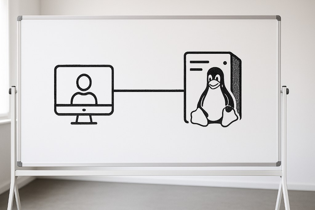Client-server connection illustration on a whiteboard.