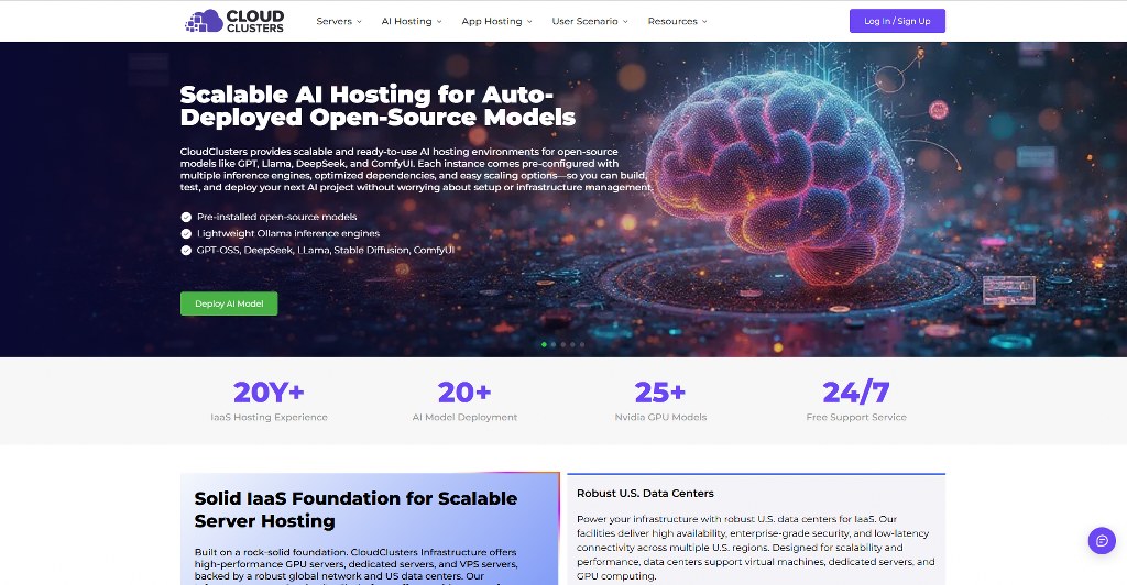CloudClusters' website homepage.
