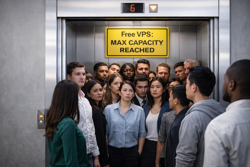 Crowded elevator with sign Free VPS max capacity reached
