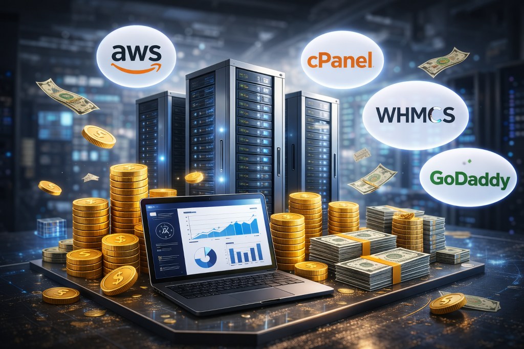 Data center servers surrounded by money and financial analytics, symbolizing profit and revenue generation through hosting services.