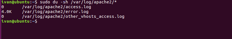Disk‑usage summary of Apache log files, showing access and vhost logs with their current sizes.