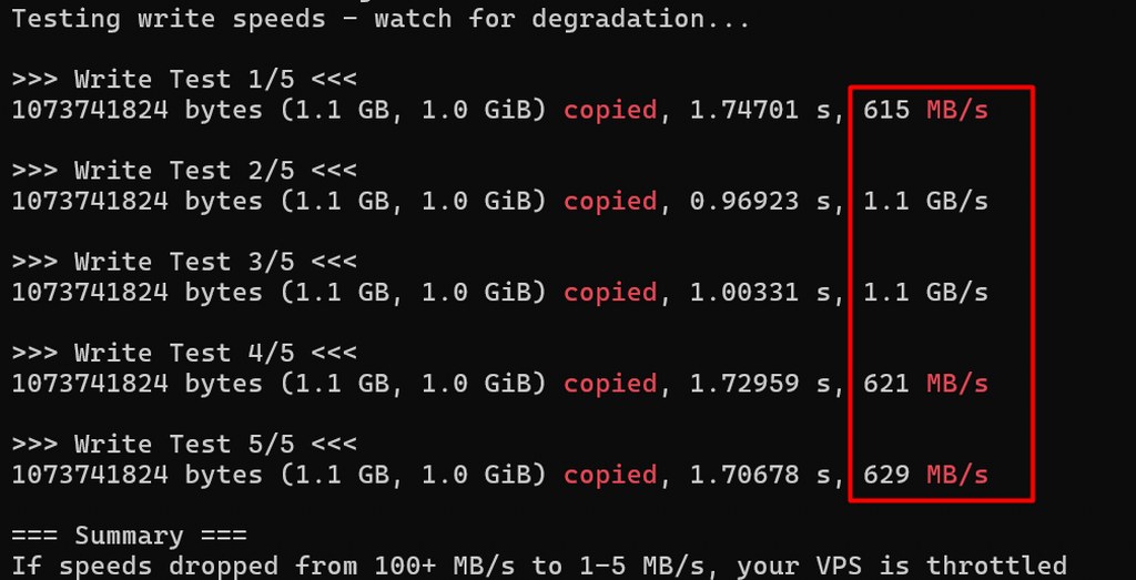 Disk write speed test results showing 615-629 MBs