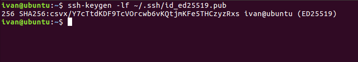 Displaying the fingerprint of the Ed25519 public SSH key using ssh‑keygen.