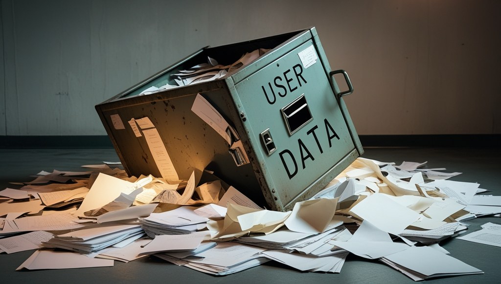File box labeled ‘User Data’ spilled with scattered papers.