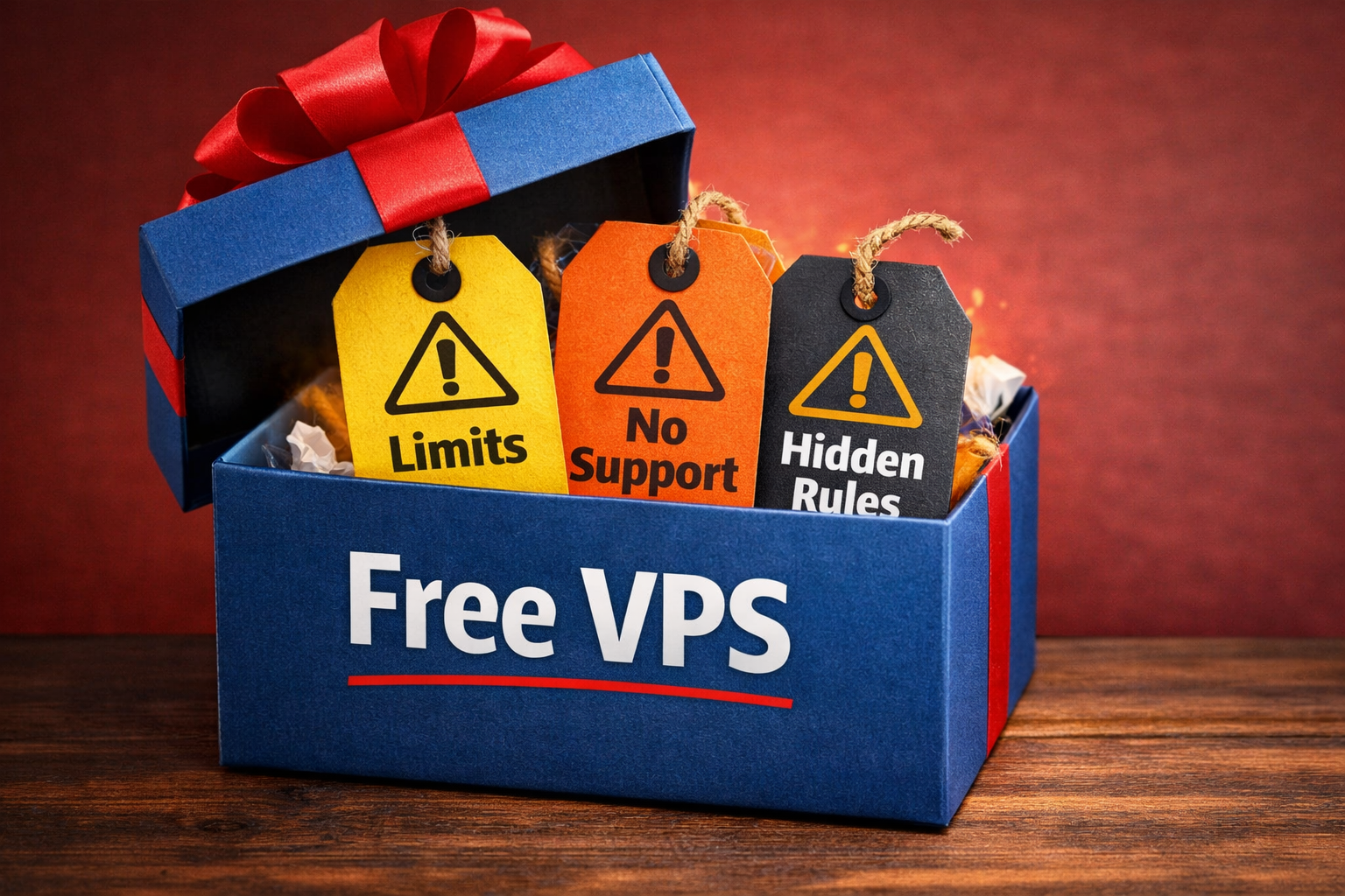 Free VPS gift box with warning tags for limits, no support, and hidden rules