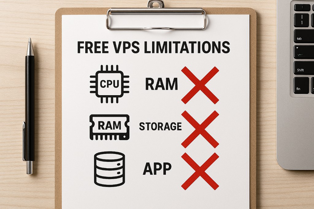 Free VPS limitations illustration on a clipboard.
