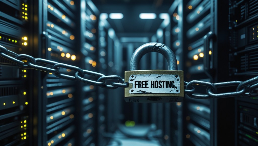 Free hosting locked in a server room with chains and padlock.