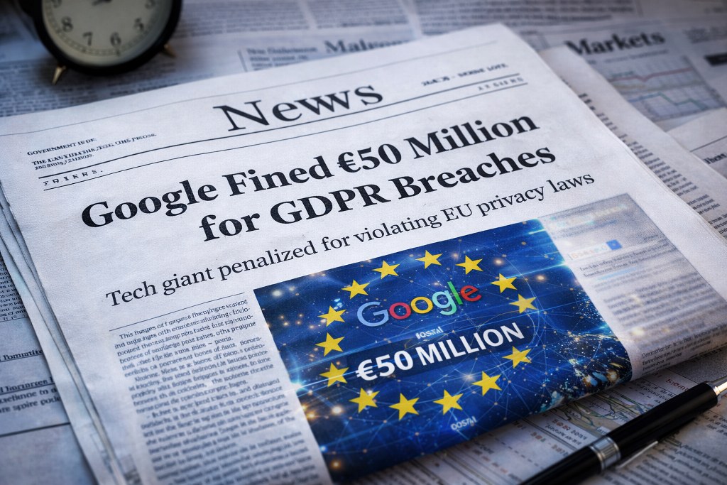 Google being fined 50 million for GDPR breaches on news papers.