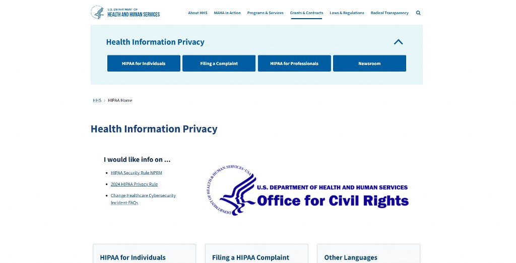 HIPAA's website homepage.
