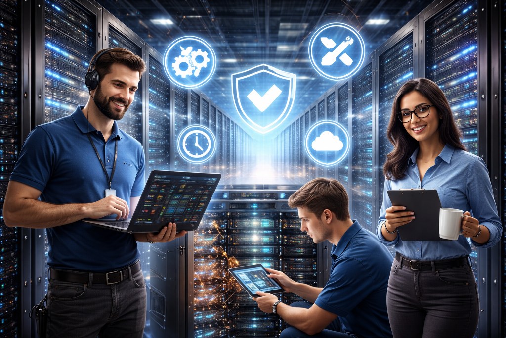 IT professionals perform routine maintenance inside a modern data center