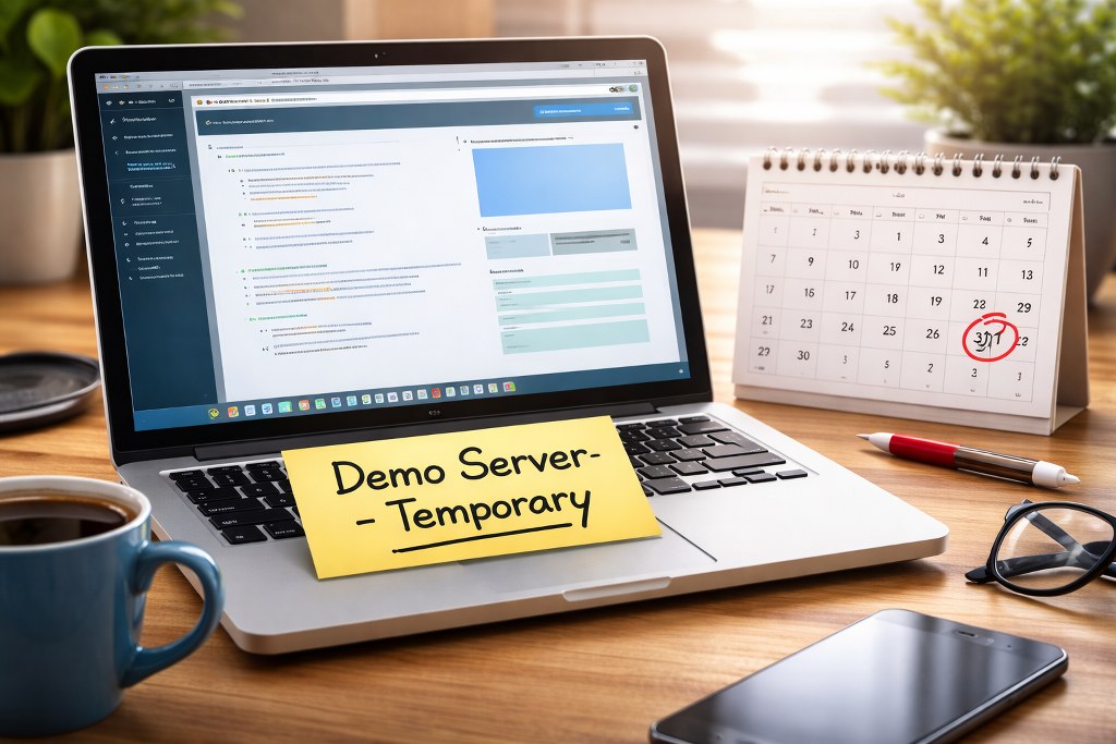 Laptop labeled demo server temporary with calendar deadline on desk
