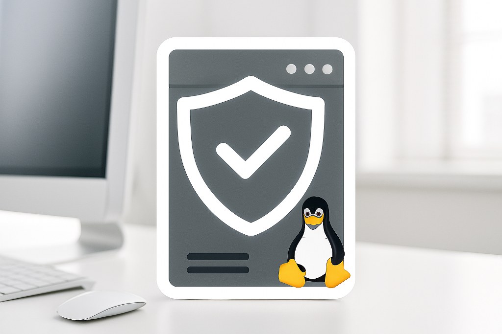 Linux logo on a card on an office desk.