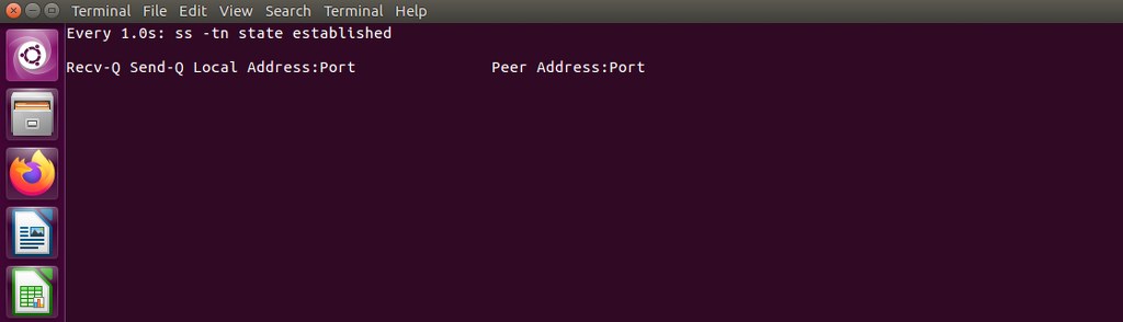 Live monitoring of active TCP connections using watch with ss in established state.
