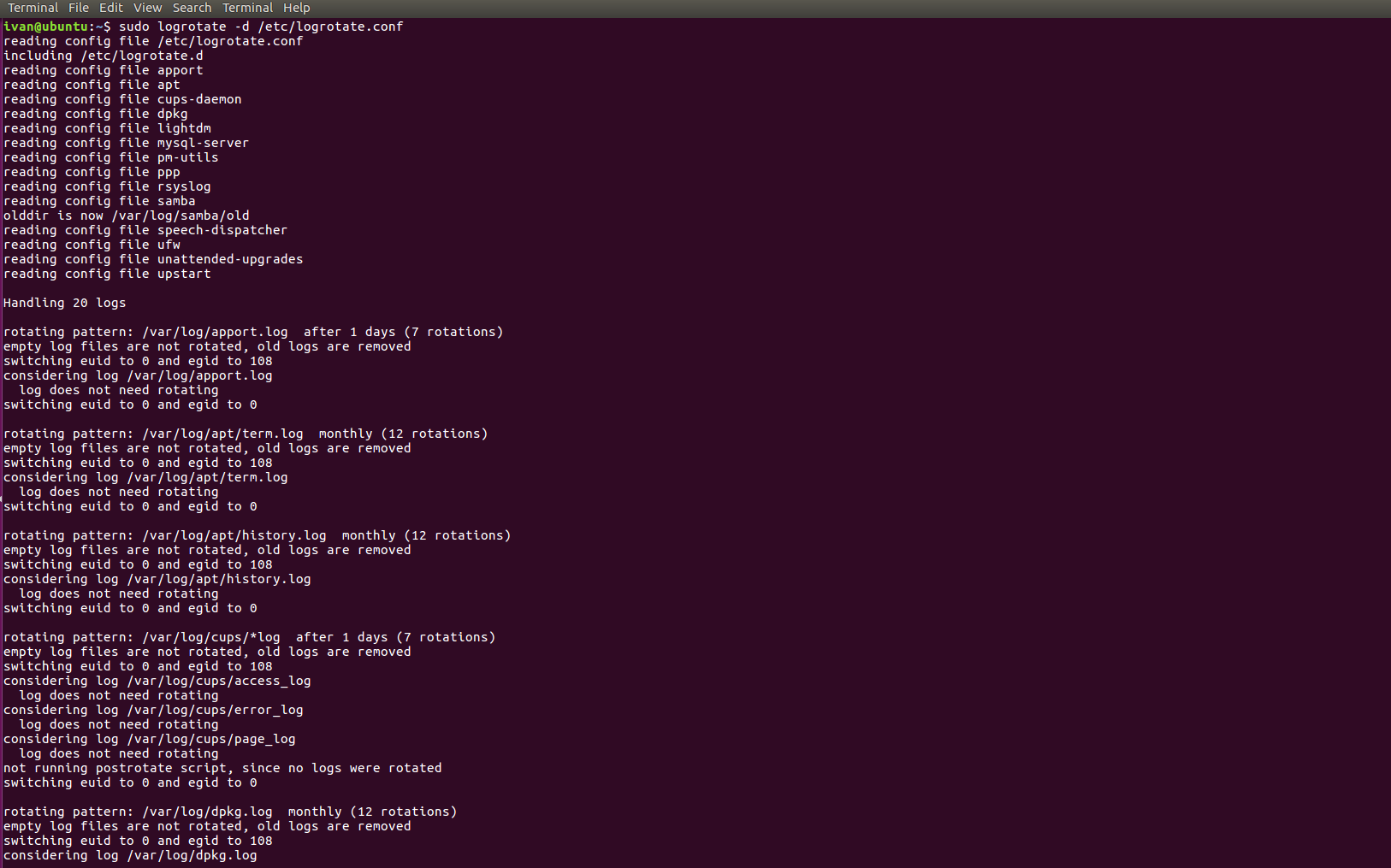 Logrotate dry‑run showing MySQL rotation rules.