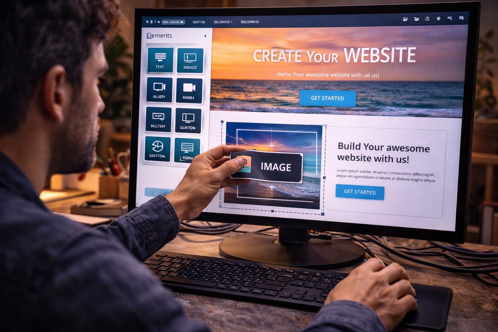 Male user designs website on computer screen.