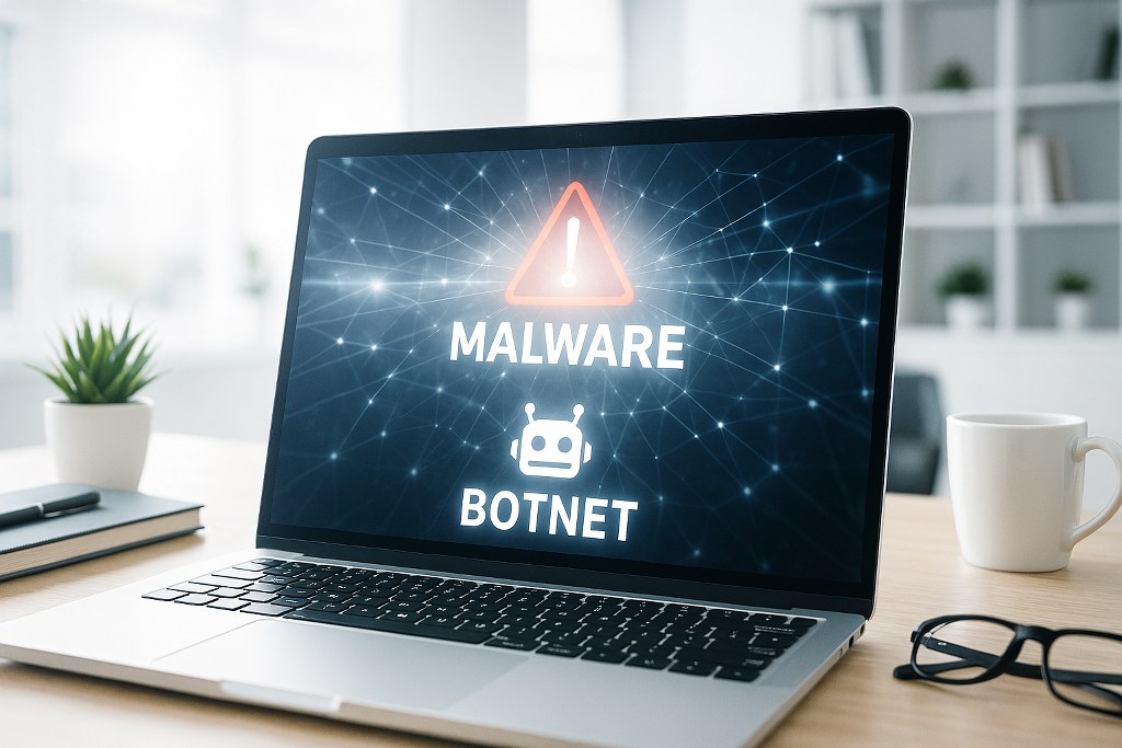 Malware and botnets illustration on a laptop.