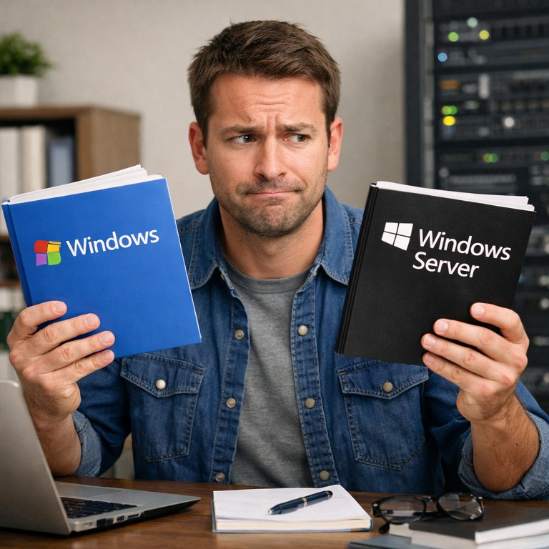 Man comparing Windows vs Windows Server books