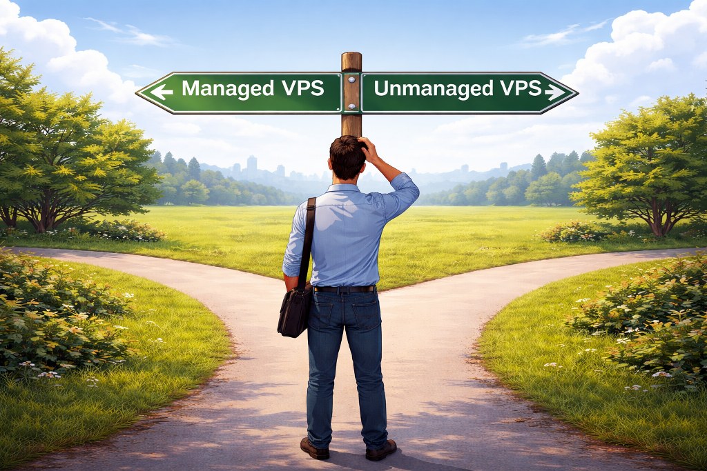 Managed vs unmanaged VPS choice sign at a fork in the road