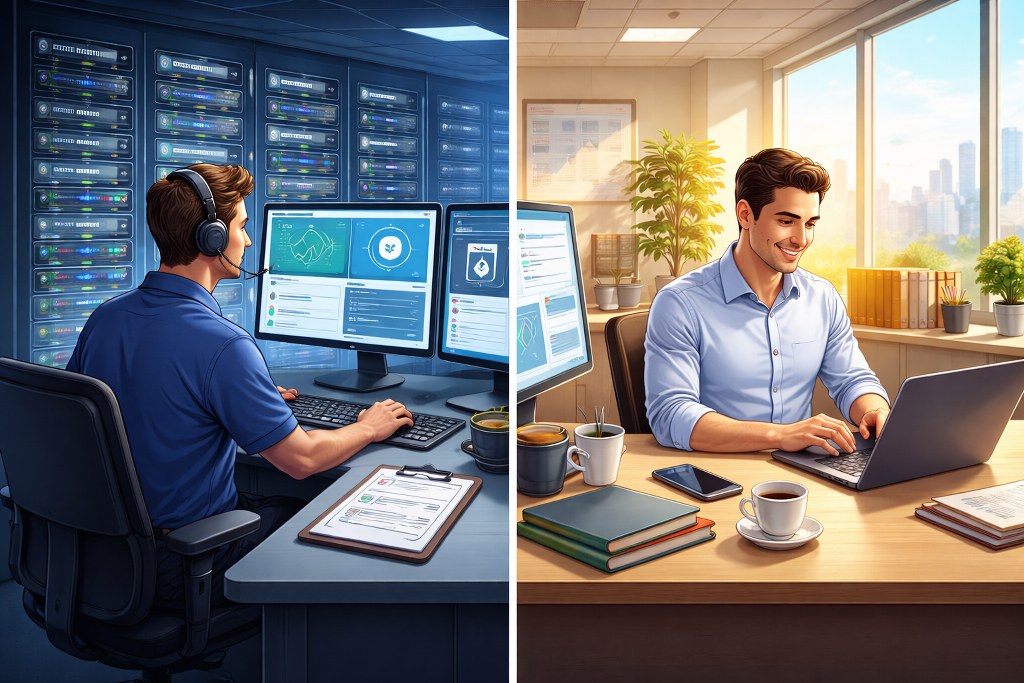 Managed vs unmanaged VPS comparison with support agent and user