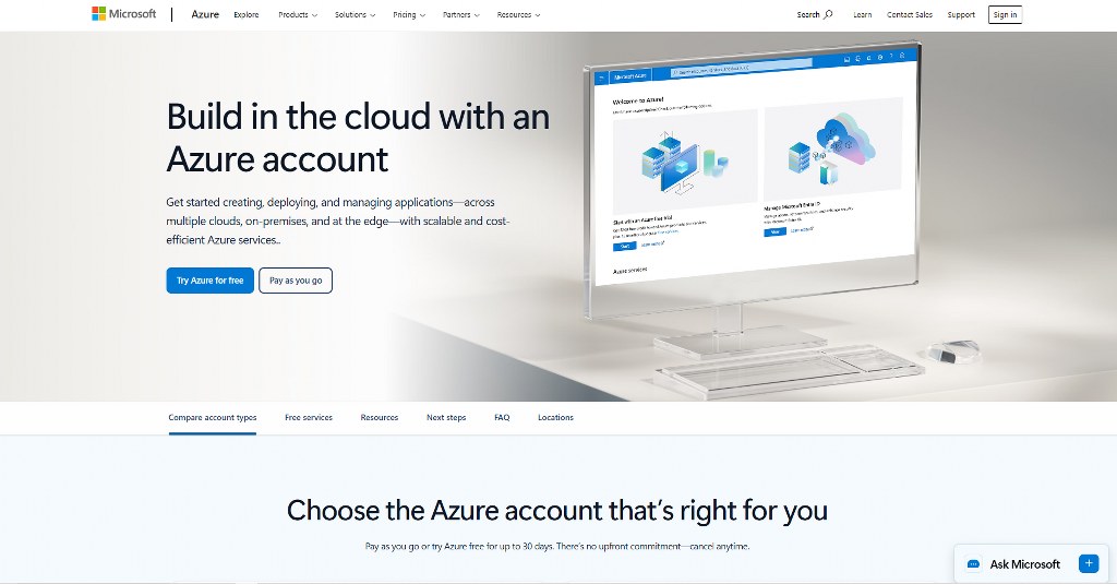 Microsoft Azure's free account trial page.