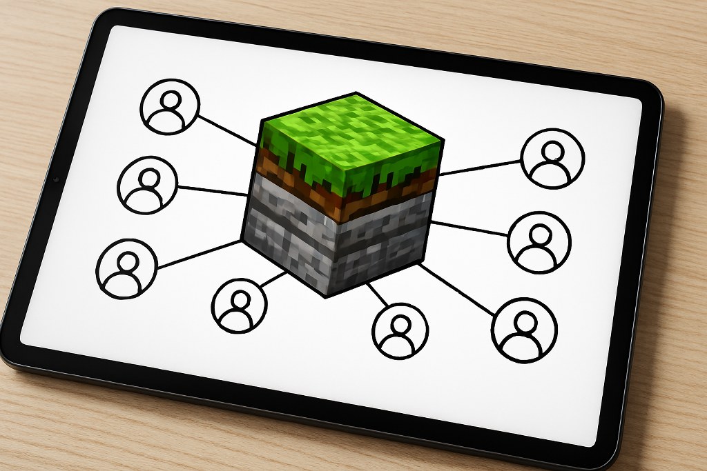 Minecraft gaming with player icons on a tablet.