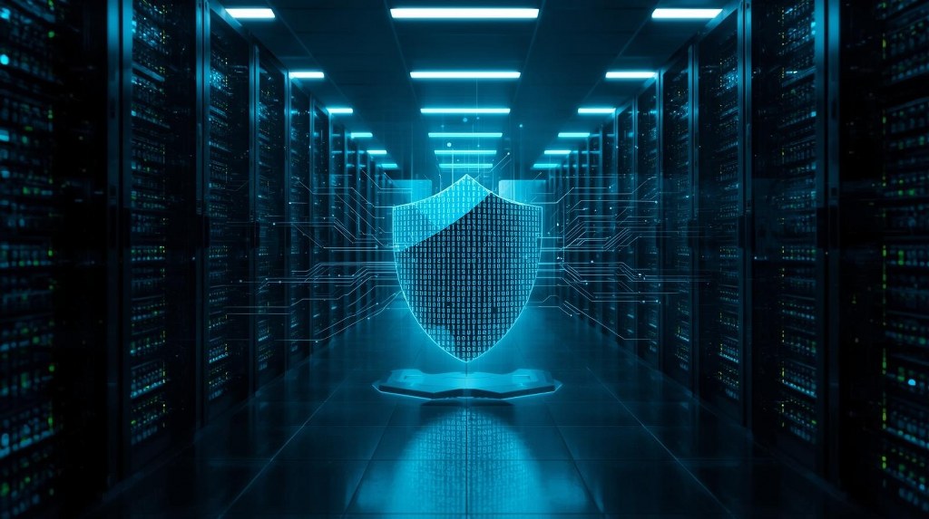 Modern server room with glowing blue and green lights emanating from racks of humming servers