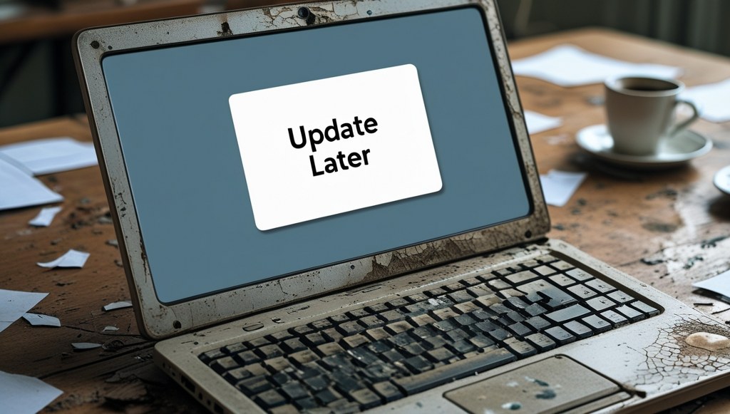 Old laptop with ‘Update Later’ warning on screen.