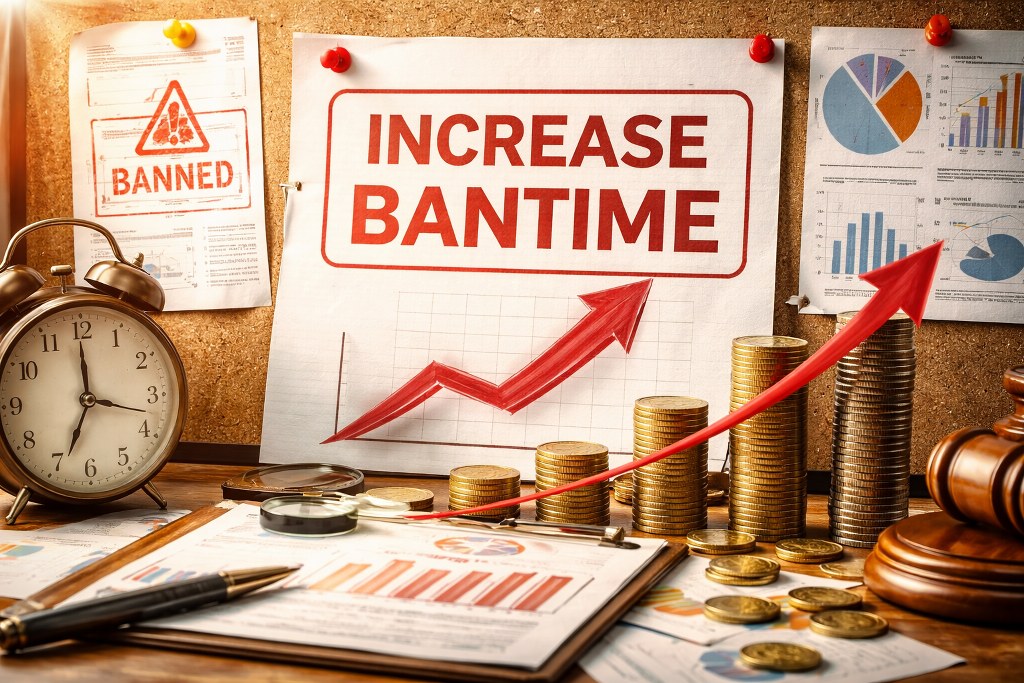 On desk scene shows printed reports, a rising red arrow chart, stacked coins, a clock