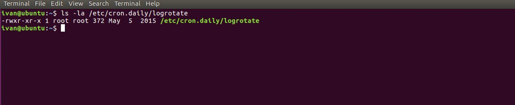 Permissions check showing the daily logrotate cron script owned by root and marked executable.