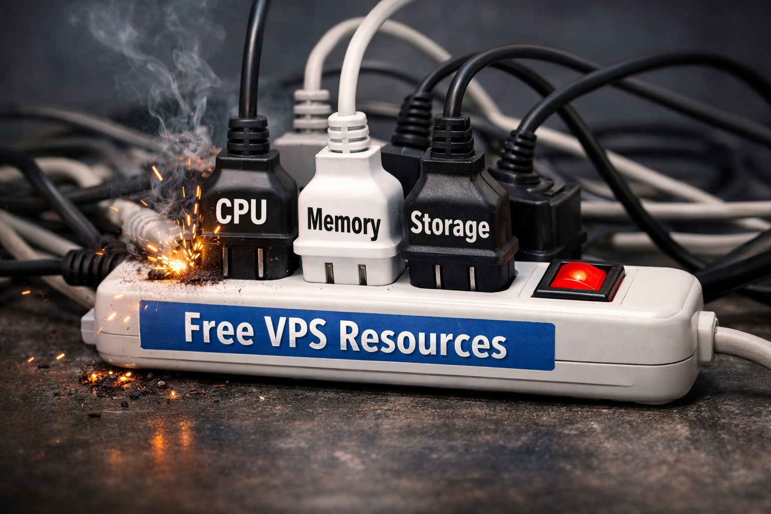 Power strip labeled free VPS resources with CPU memory storage overload