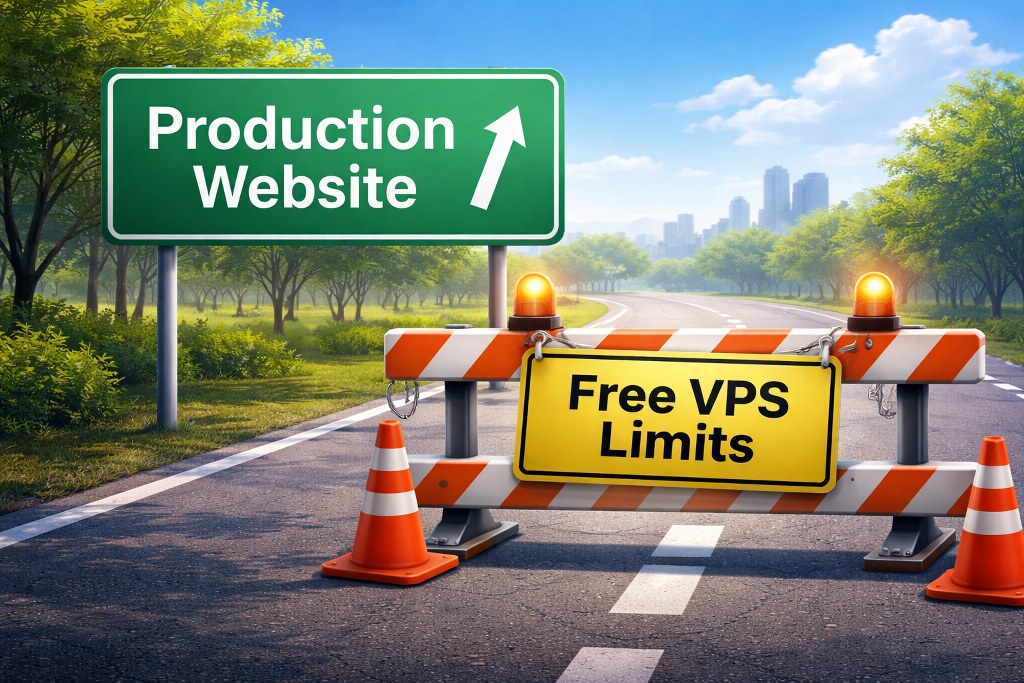 Production website road sign blocked by barrier labeled Free VPS limits