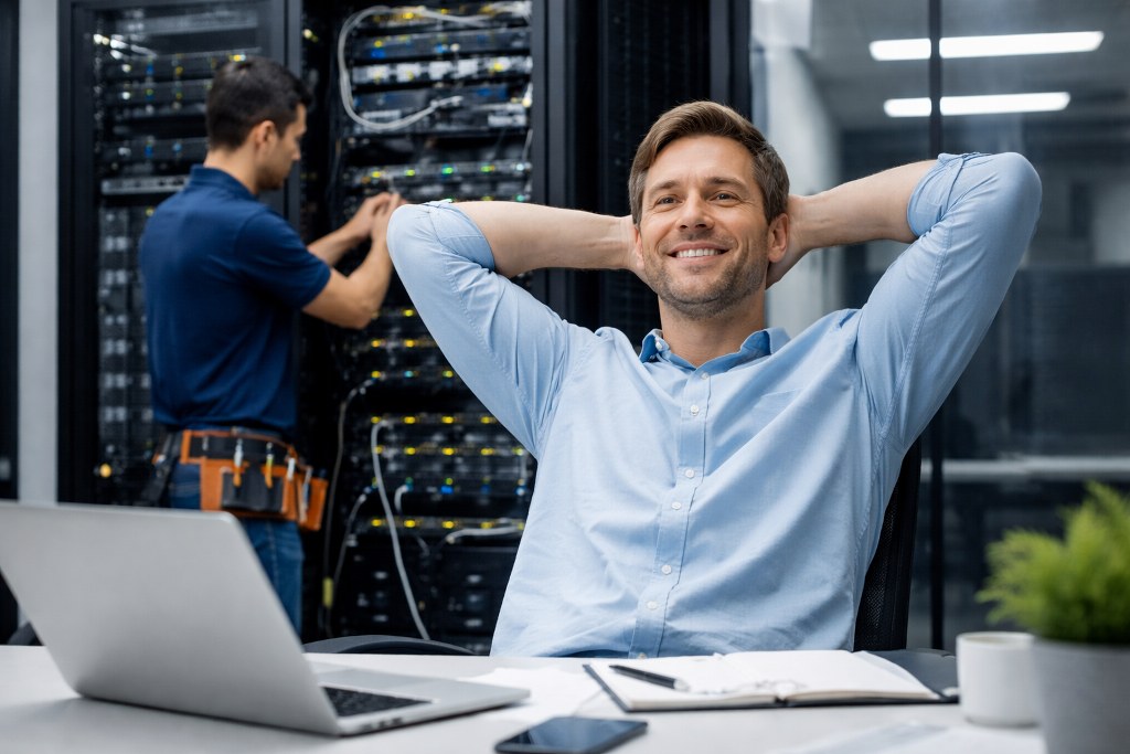 Relaxed IT admin in server room