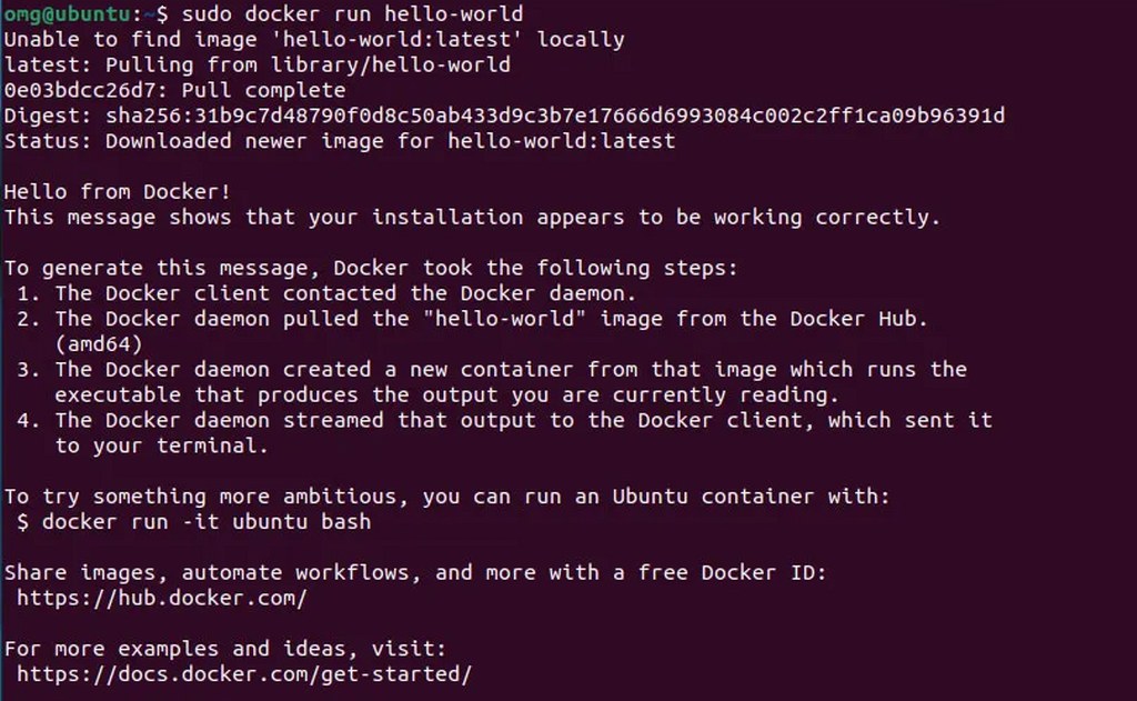 Running hello-world on Docker using Ubuntu.