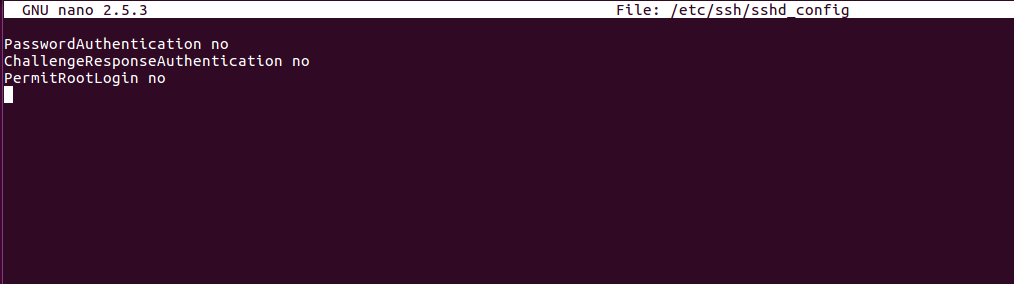 SSH settings that disable password logins, block challenge‑response auth, and prevent root login.