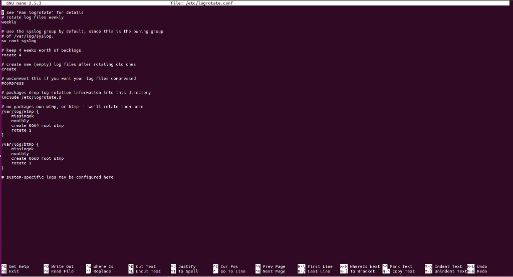 Screenshot of the etc-logrotate.conf file opened using nano, showing the global configuration settings.