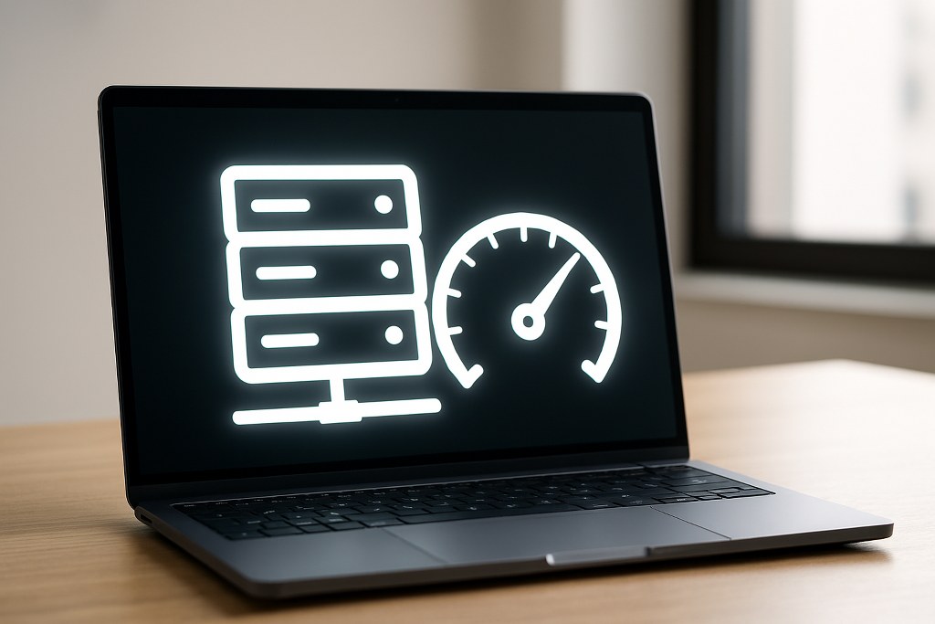 Server icon with a speed gauge on a laptop.