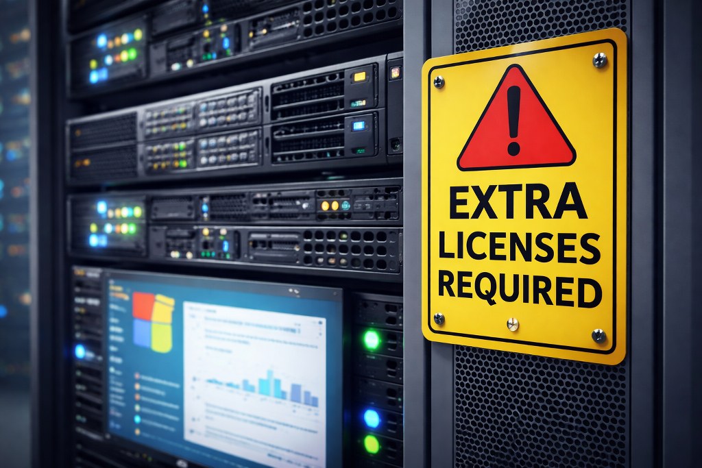 Server rack warning sign saying extra licenses required