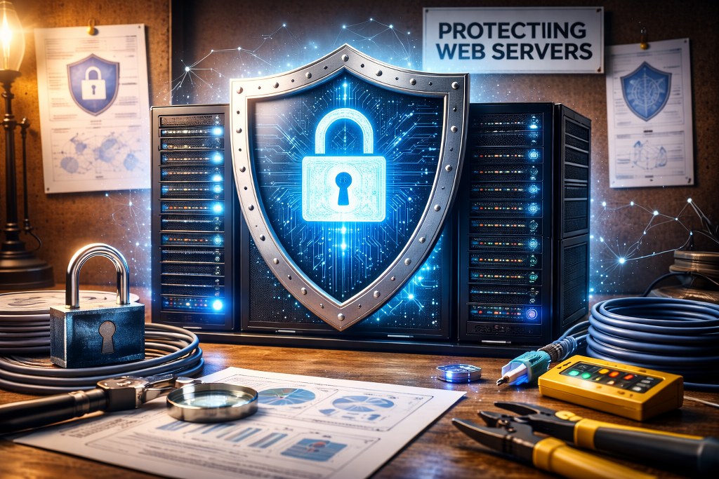 Server racks protected by a large shield and glowing padlock