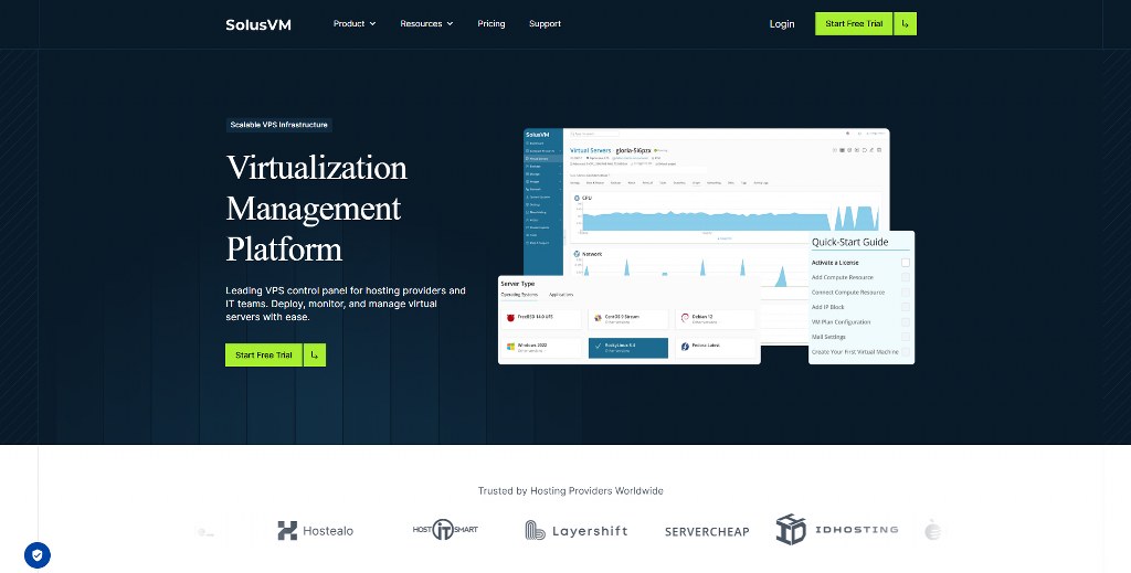 SolusVM website homepage.