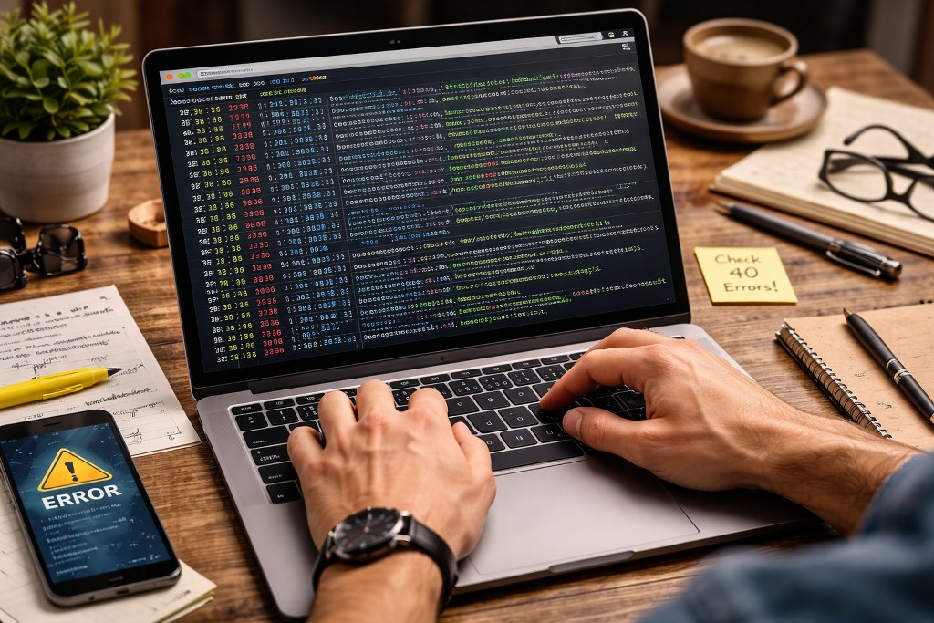 Someone analyzing server log files on a laptop, with code-filled screens