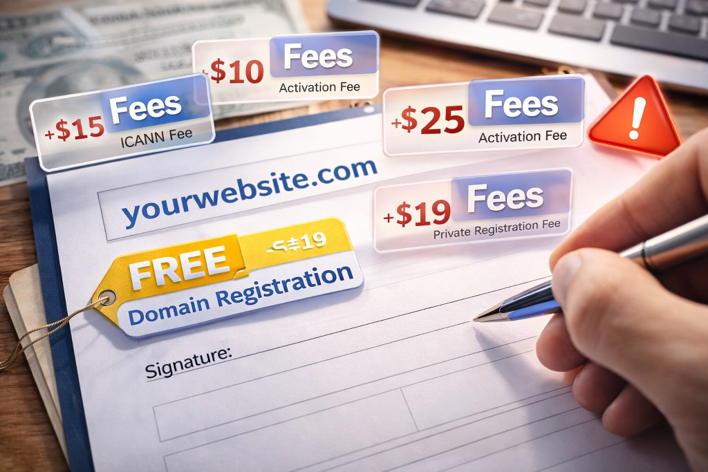 Someone registering a free domain name while hidden fees and warning indicators appear nearby