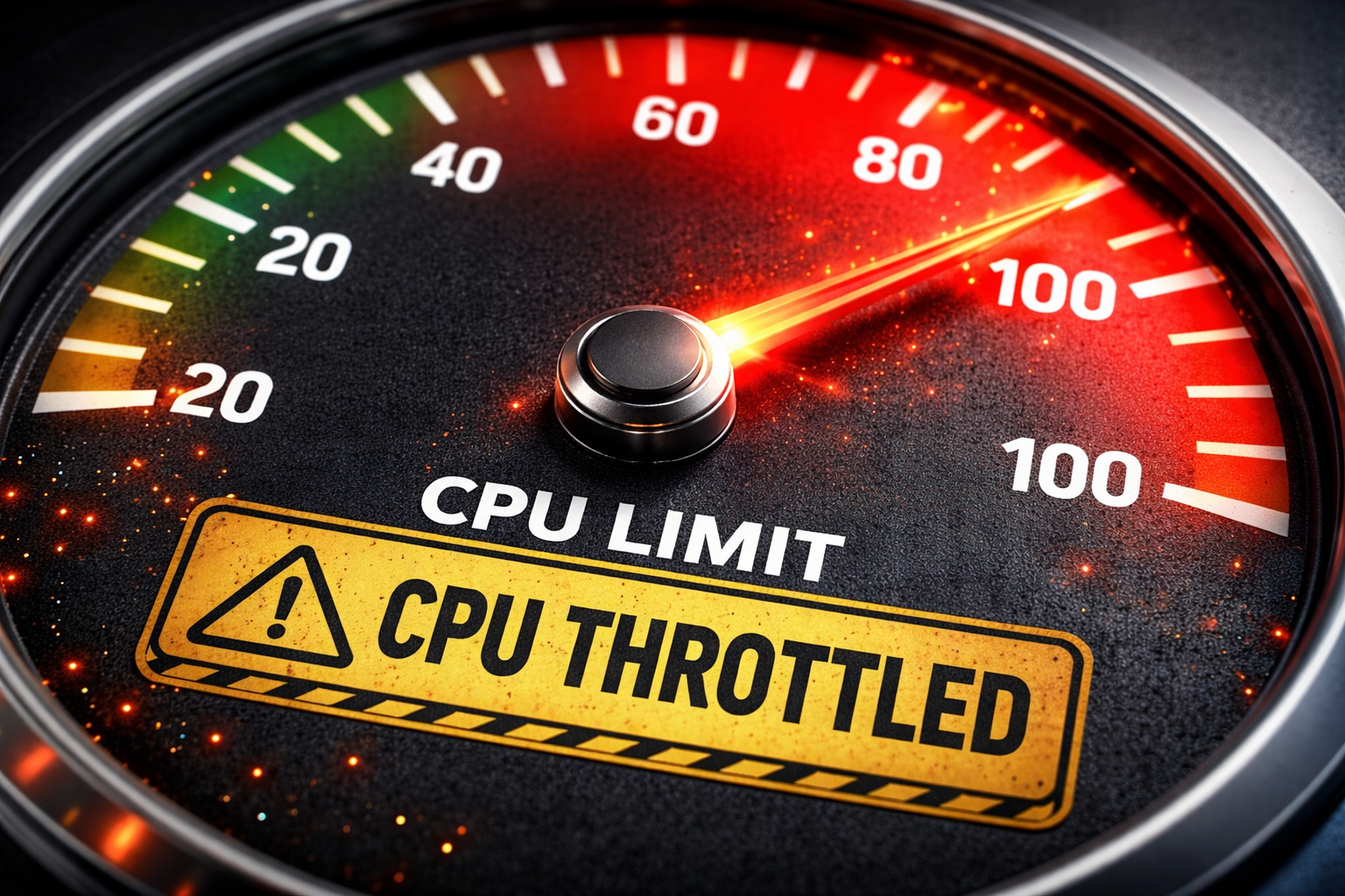 Speedometer at maximum with CPU limit warning and CPU throttled alert